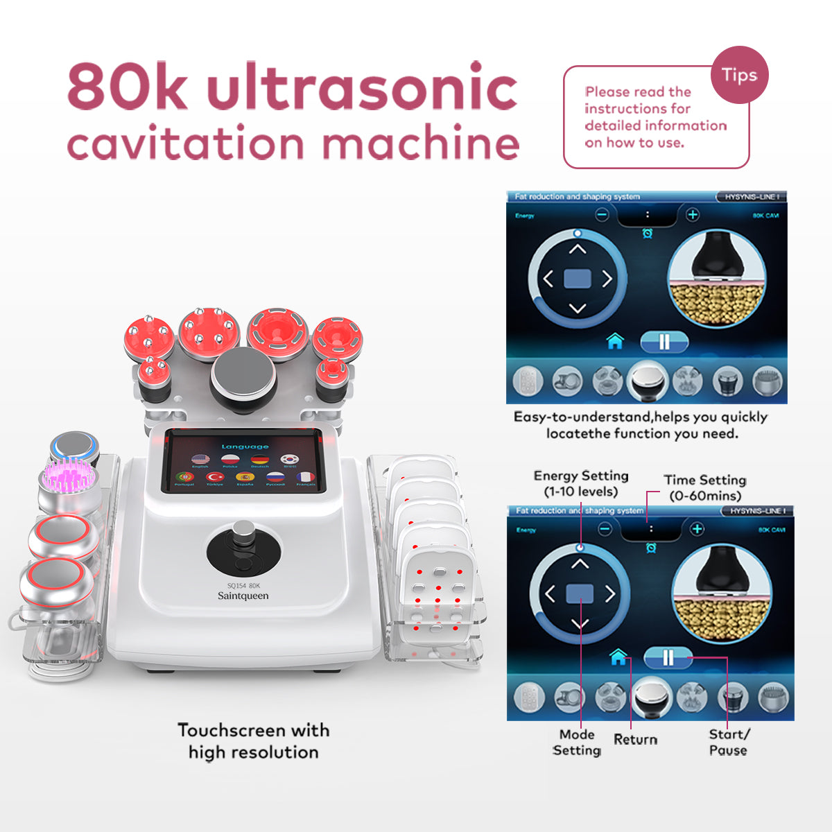 SQ154B Max | Equipo de cavitación 80K 11 en 1 con RF multipolar y masaje de vacío