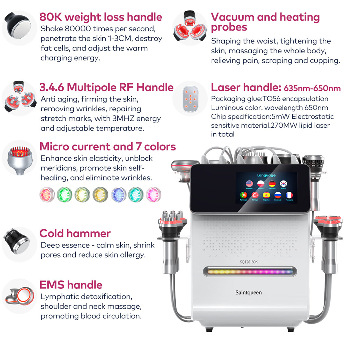 SQ126A Max | Equipo de cavitación 80K 11 en 1 con RF multipolar y masaje de vacío
