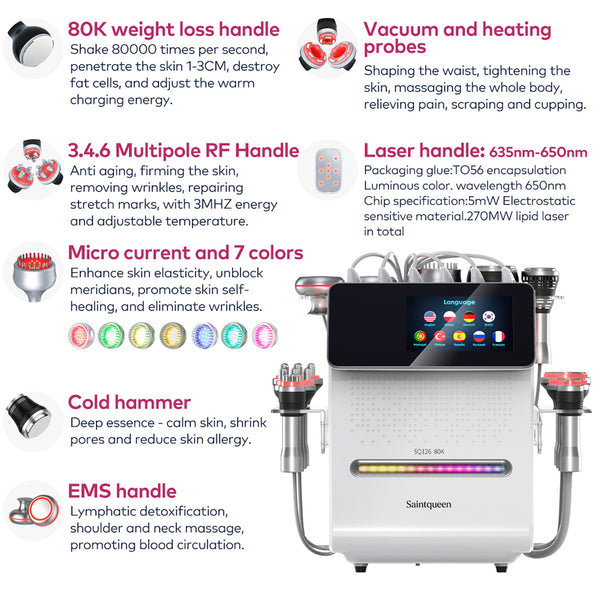 SQ126A Max | Equipo de cavitación 80K 11 en 1 con RF multipolar y masaje de vacío