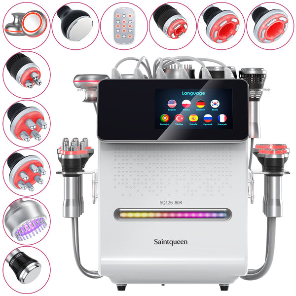 SQ126B Max | Equipo de cavitación 80K 11 en 1 con RF multipolar y masaje de vacío