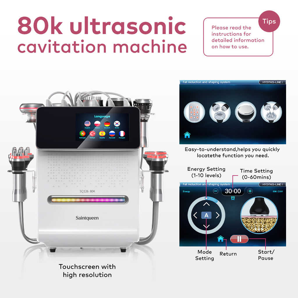 SQ126B Max | Equipo de cavitación 80K 11 en 1 con RF multipolar y masaje de vacío