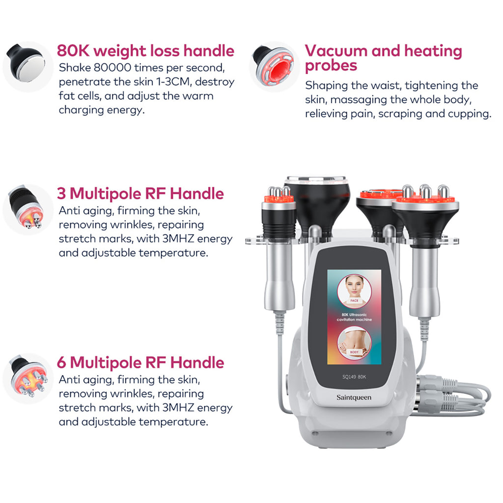 SQ149 Basic | Equipo de cavitación 80K 4 en 1 con RF multipolar y masaje de vacío