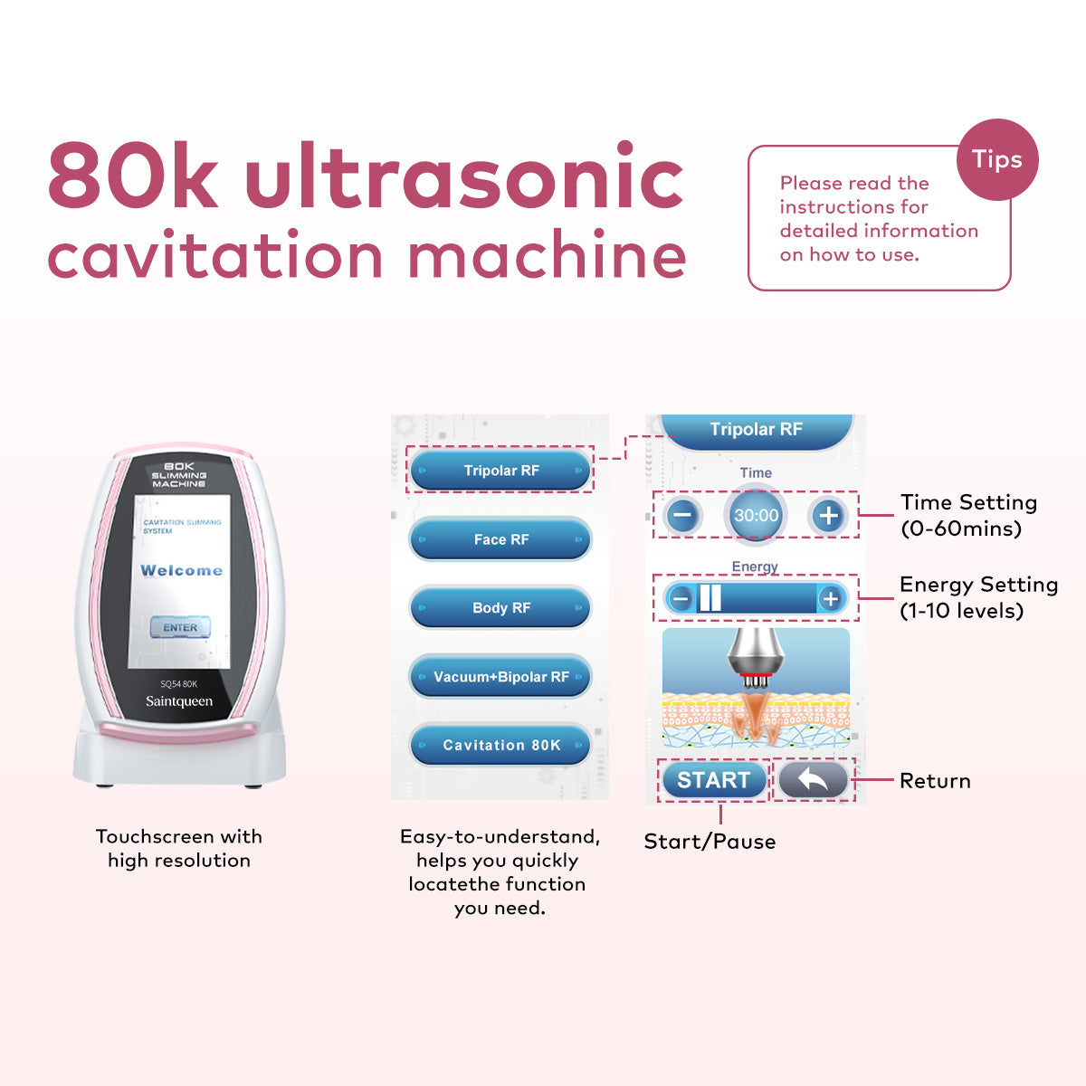 SQ54 Pro | Equipo de cavitación 80K 5 en 1 con RF multipolar y masaje de vacío