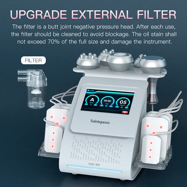 SQ85C Pro | Equipo de cavitación 80K 6 en 1 con RF multipolar y masaje de vacío