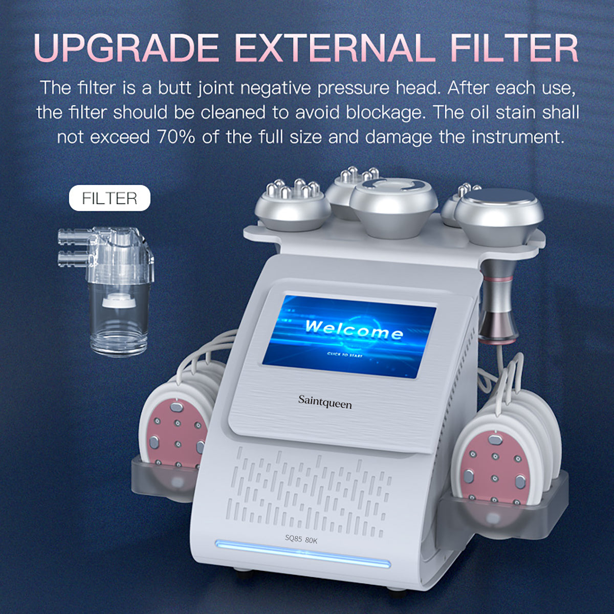 SQ85B Pro | Equipo de cavitación 80K 6 en 1 con RF multipolar y masaje de vacío