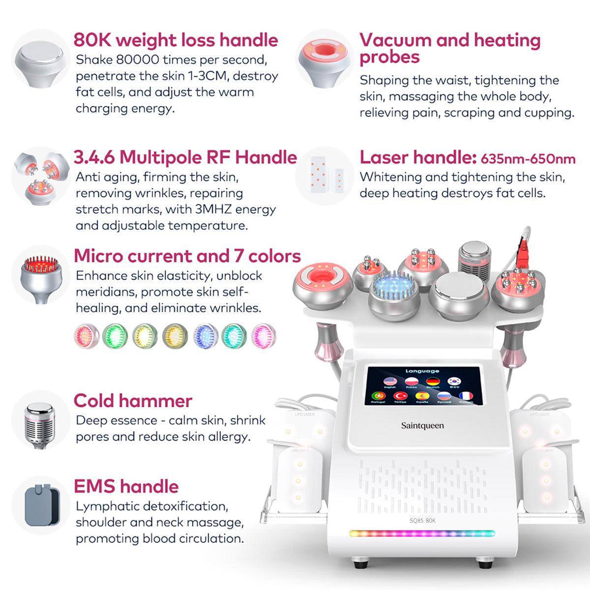 SQ85D Plus | Equipo de cavitación 80K 9 en 1 con RF multipolar y masaje de vacío