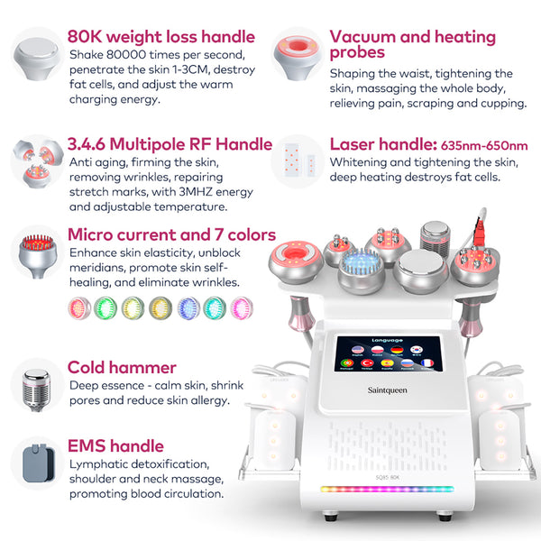SQ85D Plus | Equipo de cavitación 80K 9 en 1 con RF multipolar y masaje de vacío