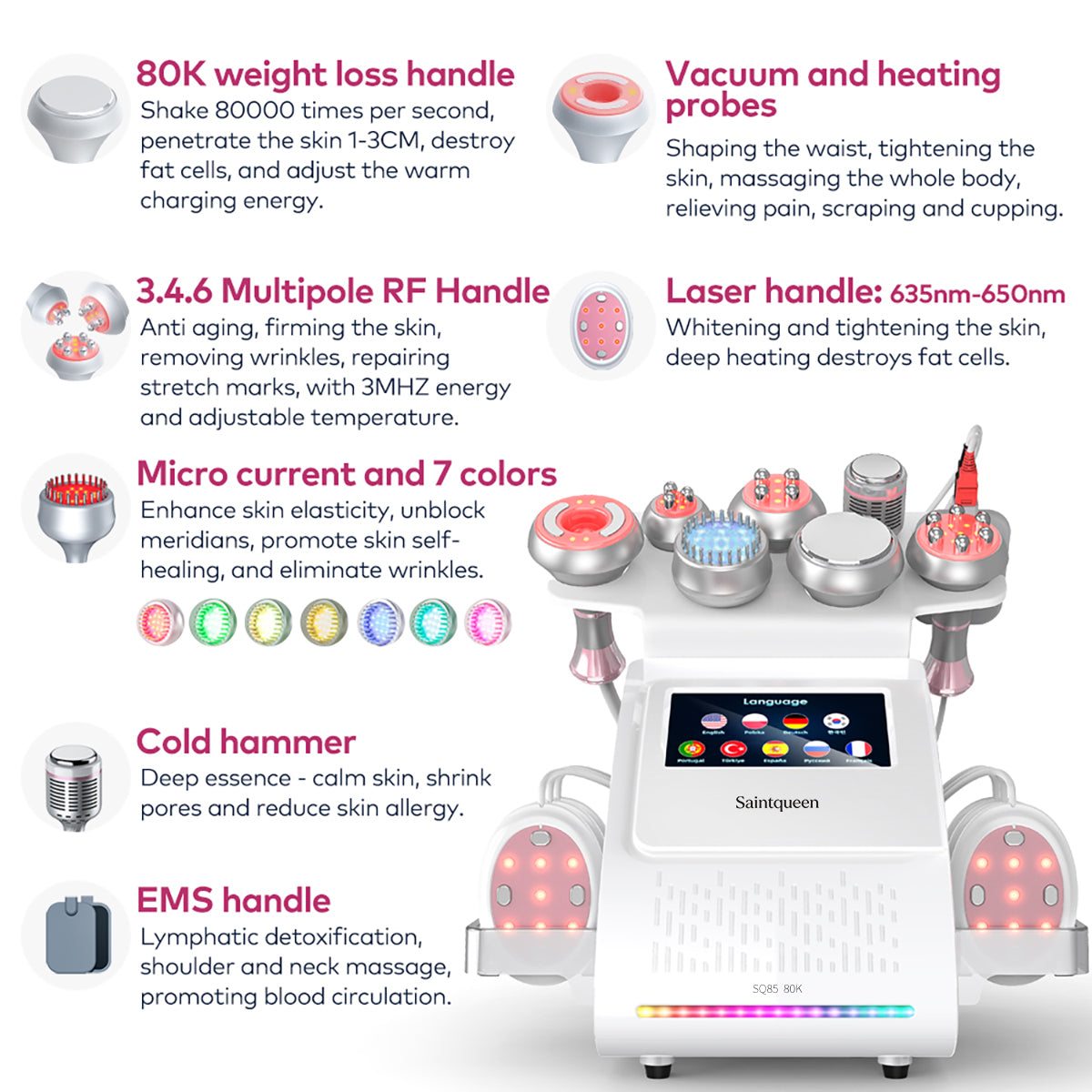 SQ85E Plus | Equipo de cavitación 80K 9 en 1 con RF multipolar y EMS Imagen secundaria del producto