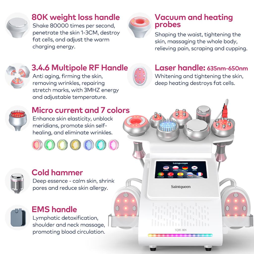 SQ85E Plus | Equipo de cavitación 80K 9 en 1 con RF multipolar y EMS