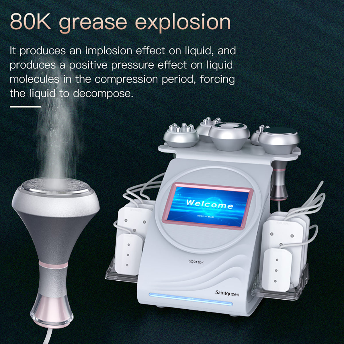 SQ90C Pro | Equipo de cavitación 80K 6 en 1 con RF multipolar y masaje de vacío