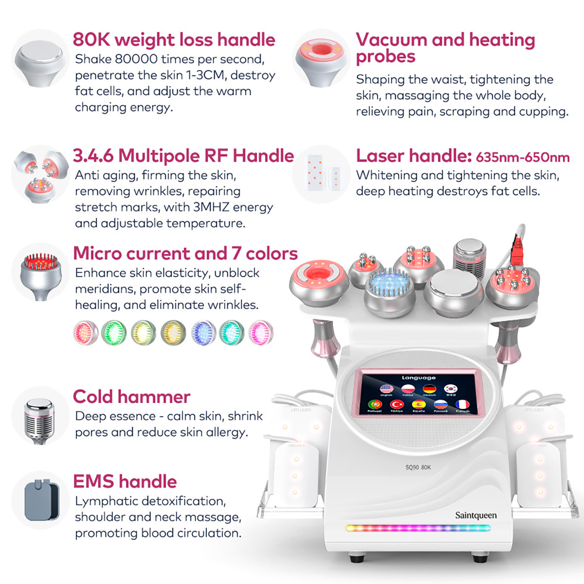 SQ90D Plus | Equipo de cavitación 80K 9 en 1 con RF multipolar y masaje de vacío Imagen secundaria del producto