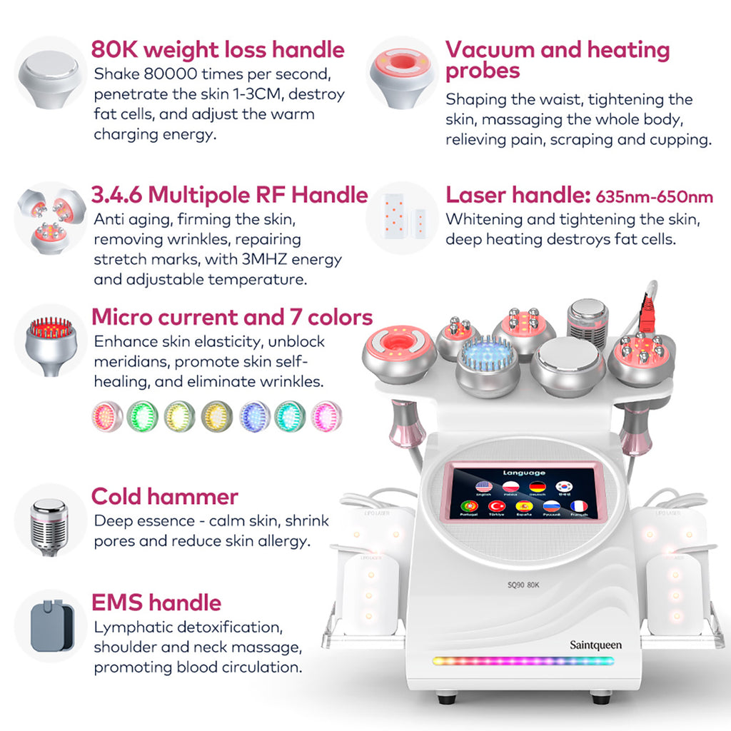SQ90D Plus | Equipo de cavitación 80K 9 en 1 con RF multipolar y masaje de vacío