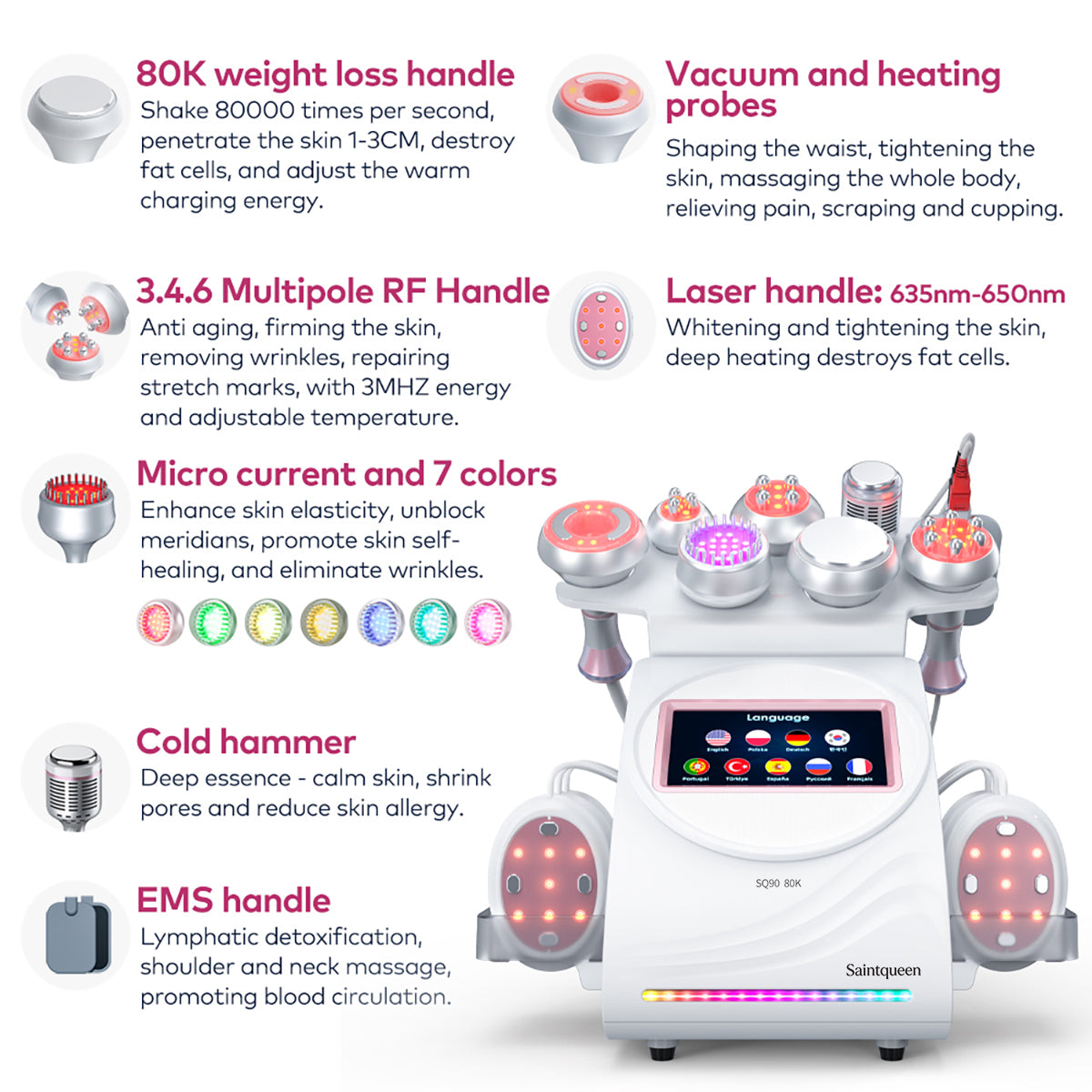 SQ90E Plus | Equipo de cavitación 80K 9 en 1 con RF multipolar y masaje de vacío Imagen secundaria del producto