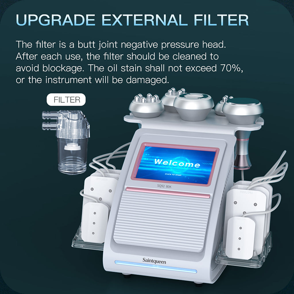 SQ92C Pro | Equipo de cavitación 80K 6 en 1 con RF multipolar y masaje de vacío