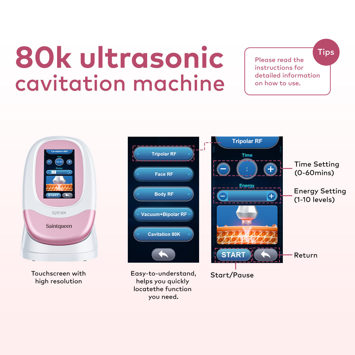 SQ95A Pro | Equipo de cavitación 80K 5 en 1 con RF multipolar y masaje de vacío