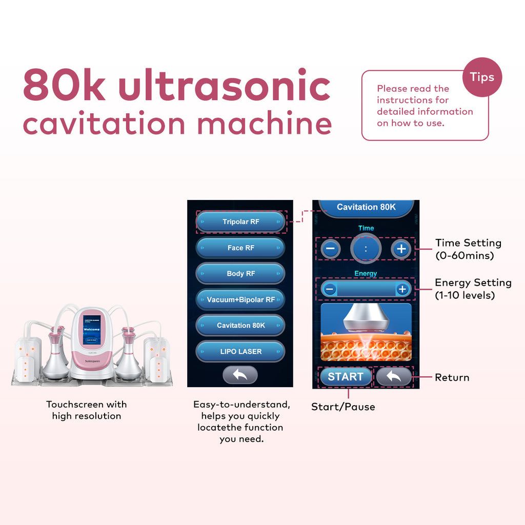 SQ95C Pro | Equipo de cavitación 80K 6 en 1 con RF multipolar y masaje de vacío