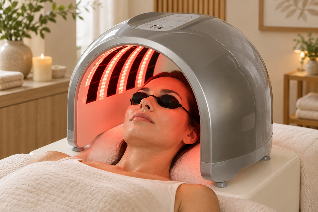 SQ3 rigid curved LED panel during a facial-care session with protective goggles
